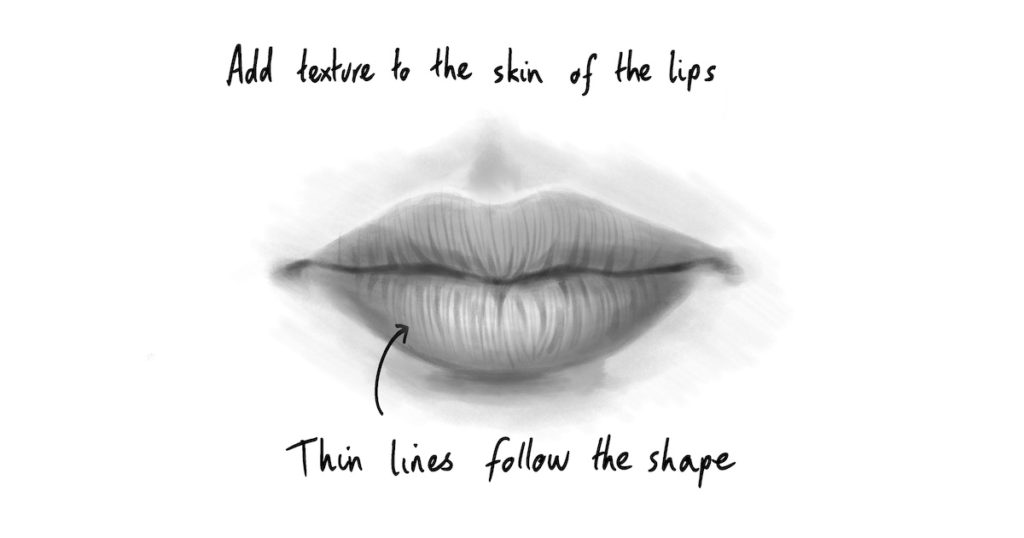 Sketch showing many thin lines following the form of the lips to create a pattern