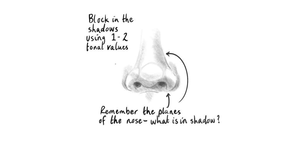 Simple sketch of a nose with two shaded tonal values